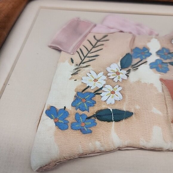 Vintage Antique Wall Hanging Wooden Framed 8x10" Hand Painted Pink Silk Bag - Picture 2 of 10